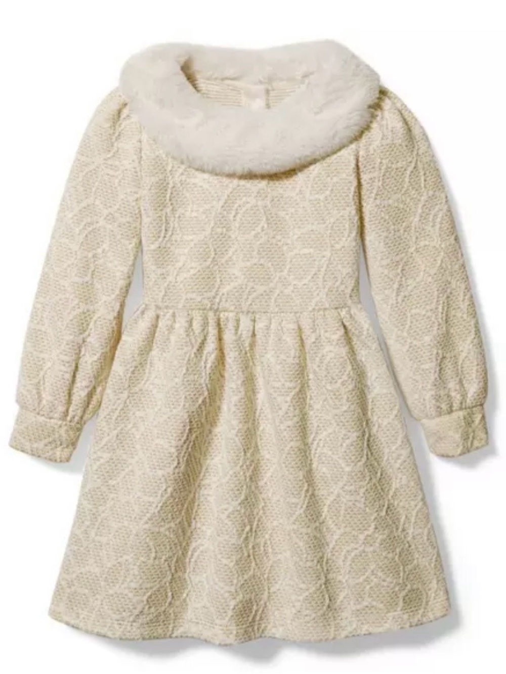 Janie and Jack Cream Textured Party Dress with Faux Fur Collar